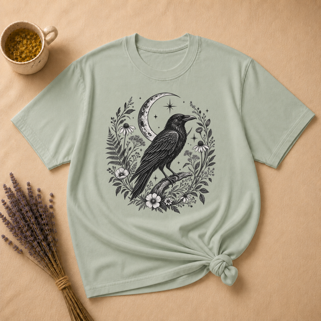 Raven and Moonlit Botanical Wreath T-shirt