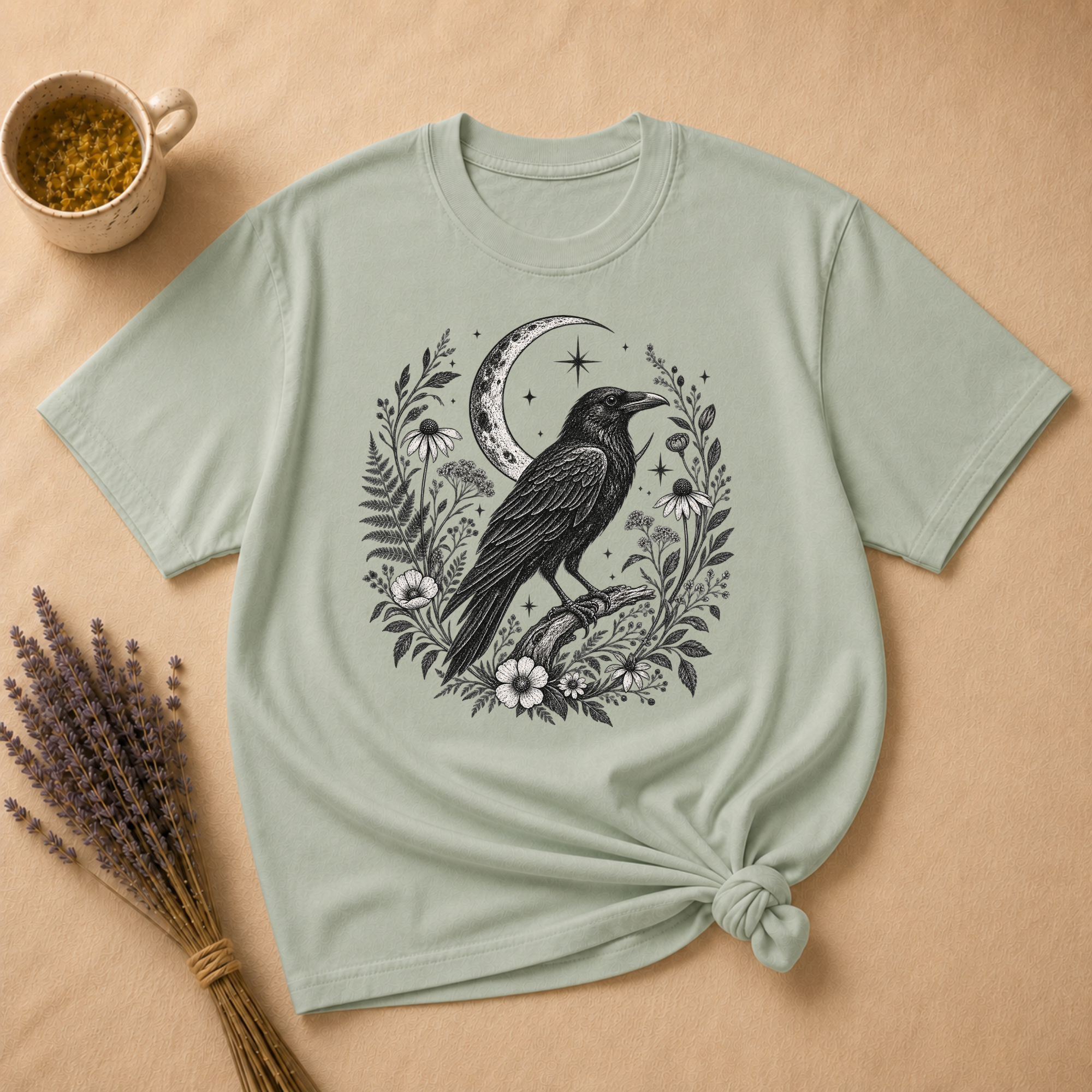 Raven and Moonlit Botanical Wreath T-shirt