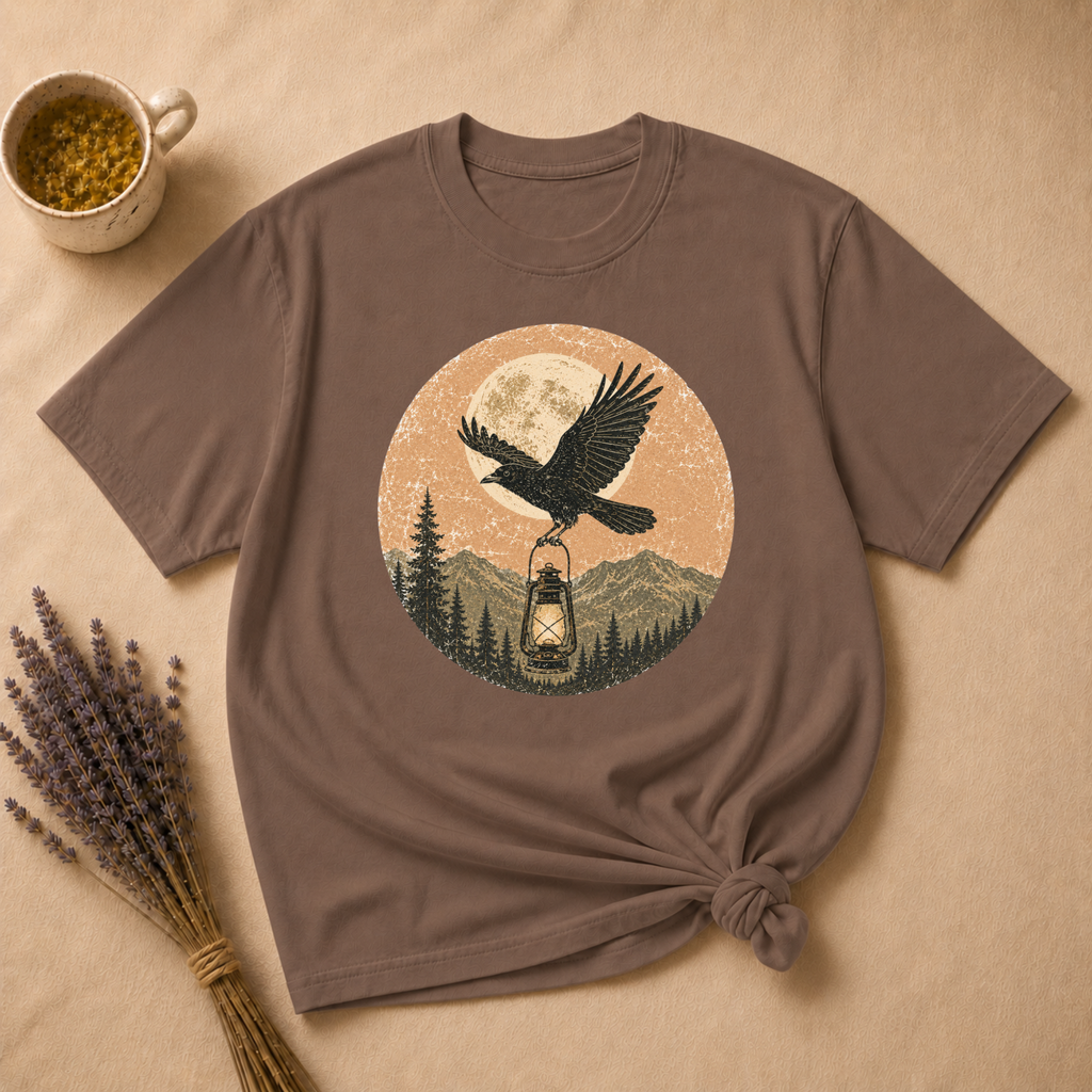 Raven and Lantern Over Moonlit Pines T-shirt