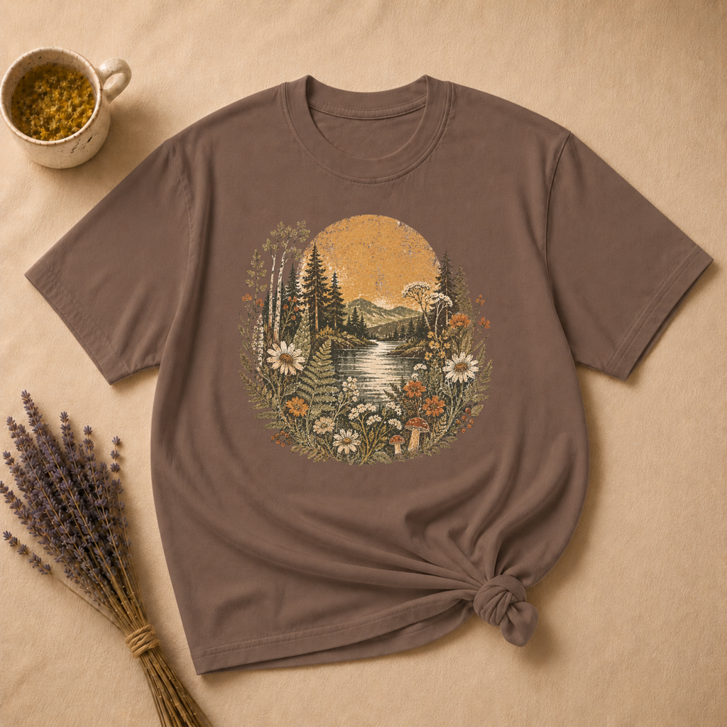 Vintage River Linocut Landscape T-shirt