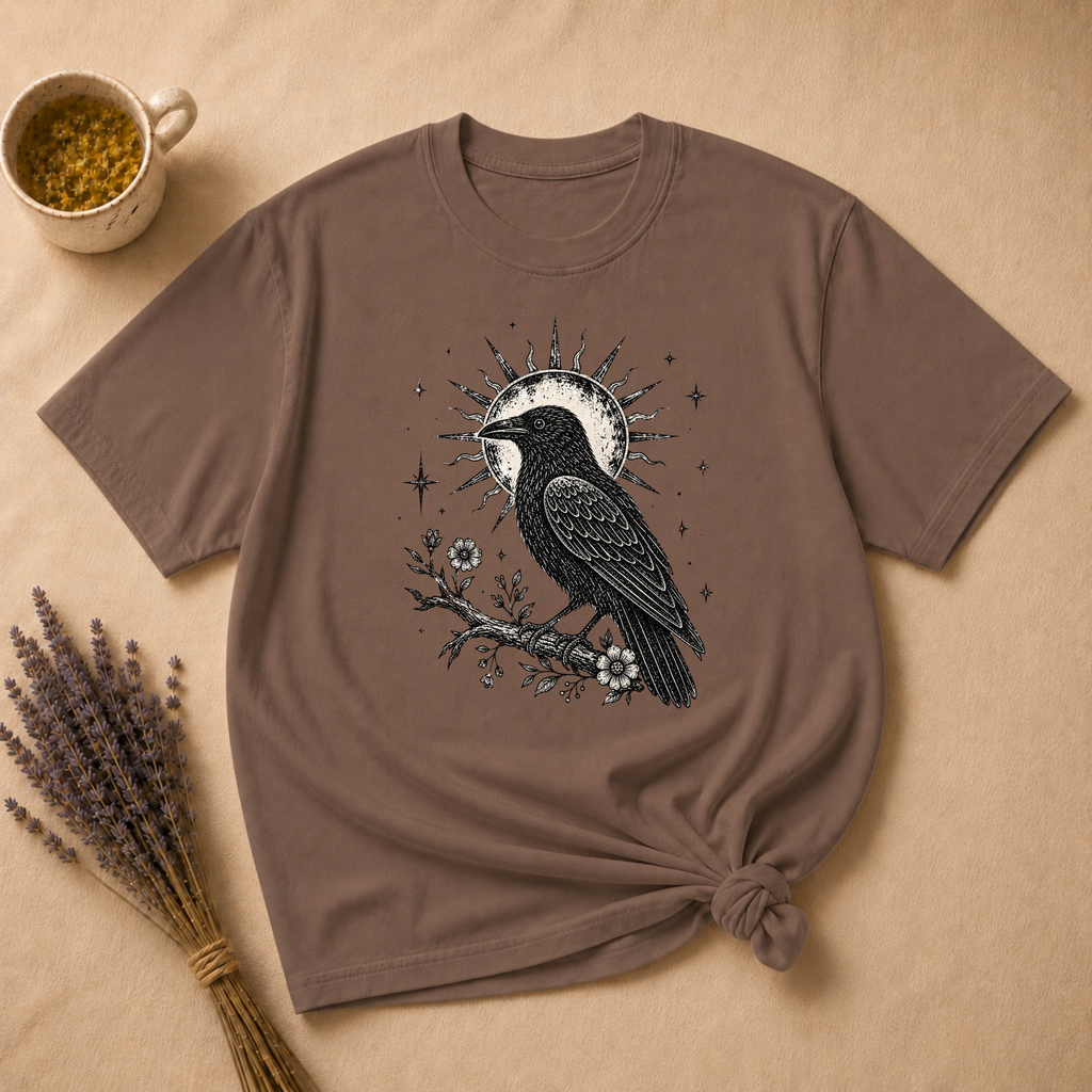 Celestial Crow on a Floral Branch T-shirt