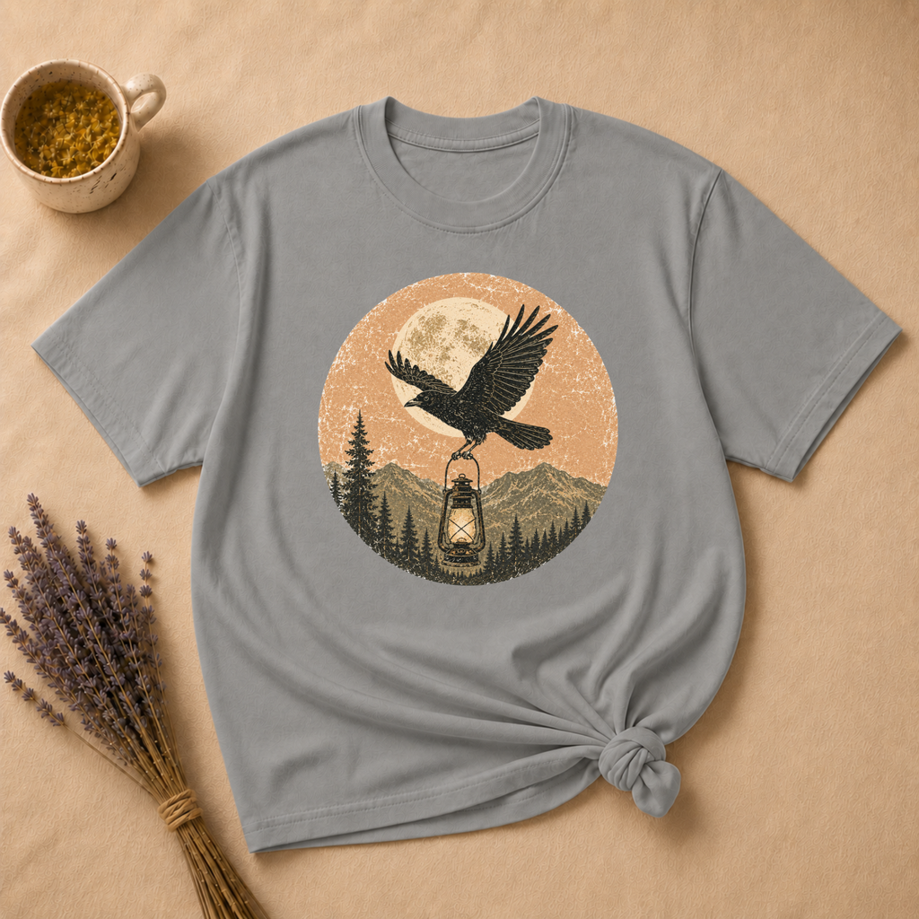 Raven and Lantern Over Moonlit Pines T-shirt