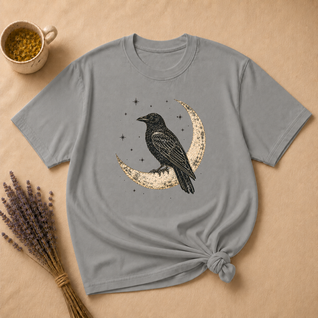 Raven Perched on a Crescent Moon T-shirt