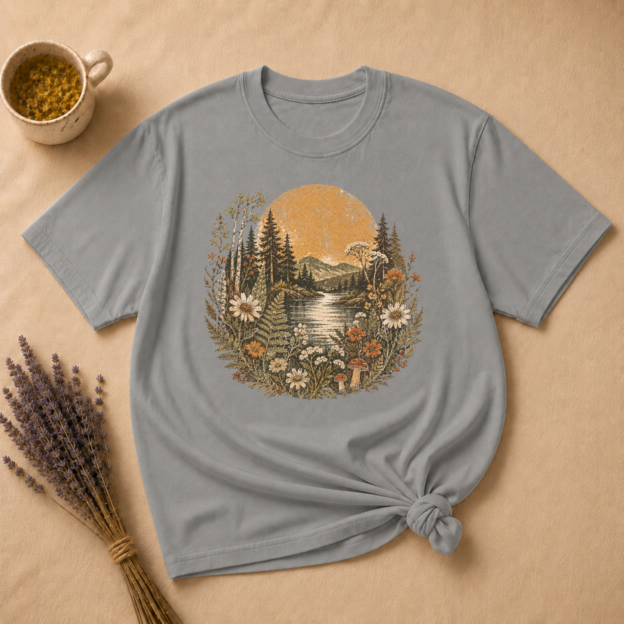 Vintage River Linocut Landscape T-shirt
