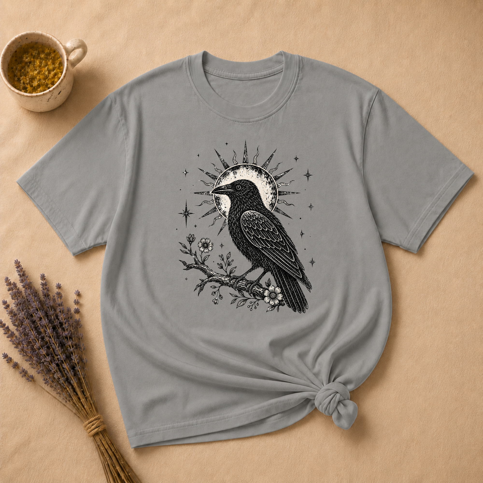 Celestial Crow on a Floral Branch T-shirt