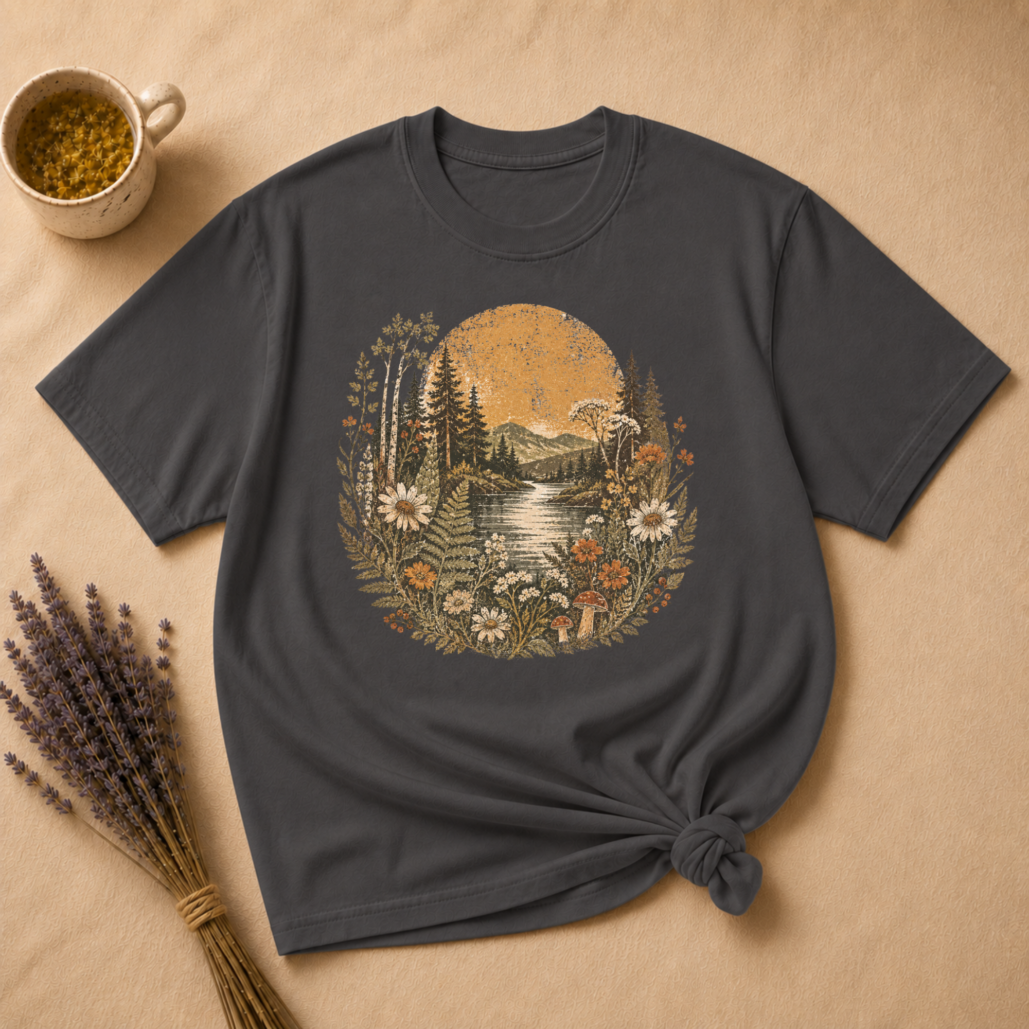 Vintage River Linocut Landscape T-shirt