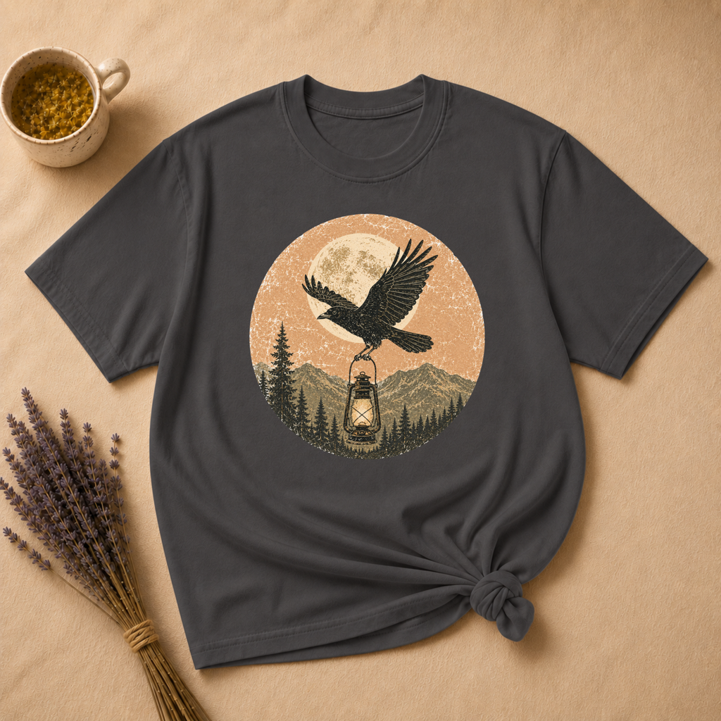 Raven and Lantern Over Moonlit Pines T-shirt