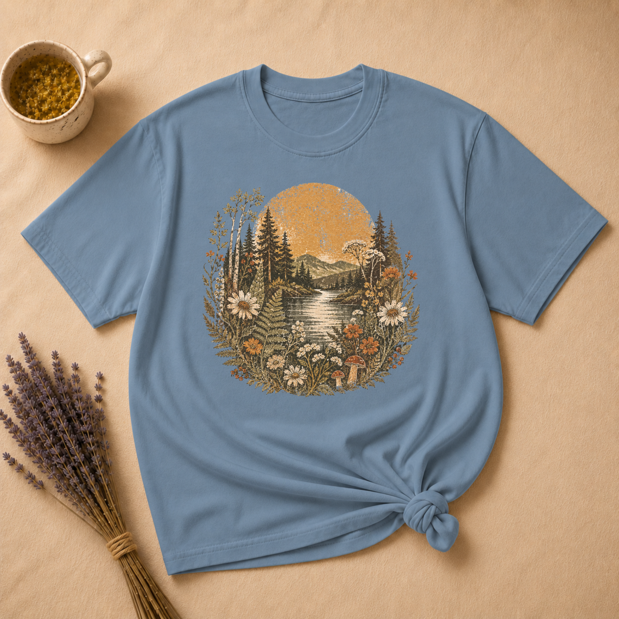 Vintage River Linocut Landscape T-shirt