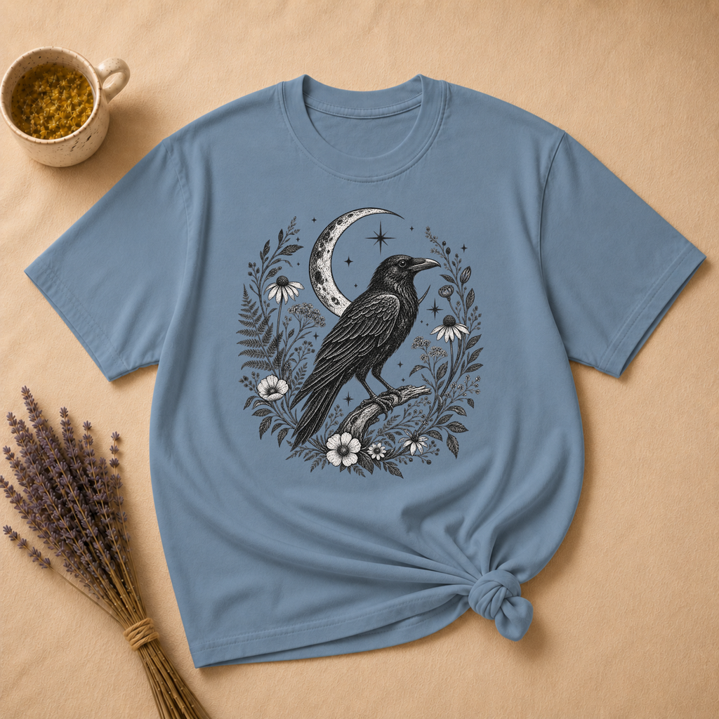 Raven and Moonlit Botanical Wreath T-shirt