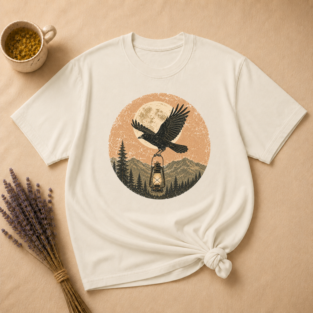 Raven and Lantern Over Moonlit Pines T-shirt