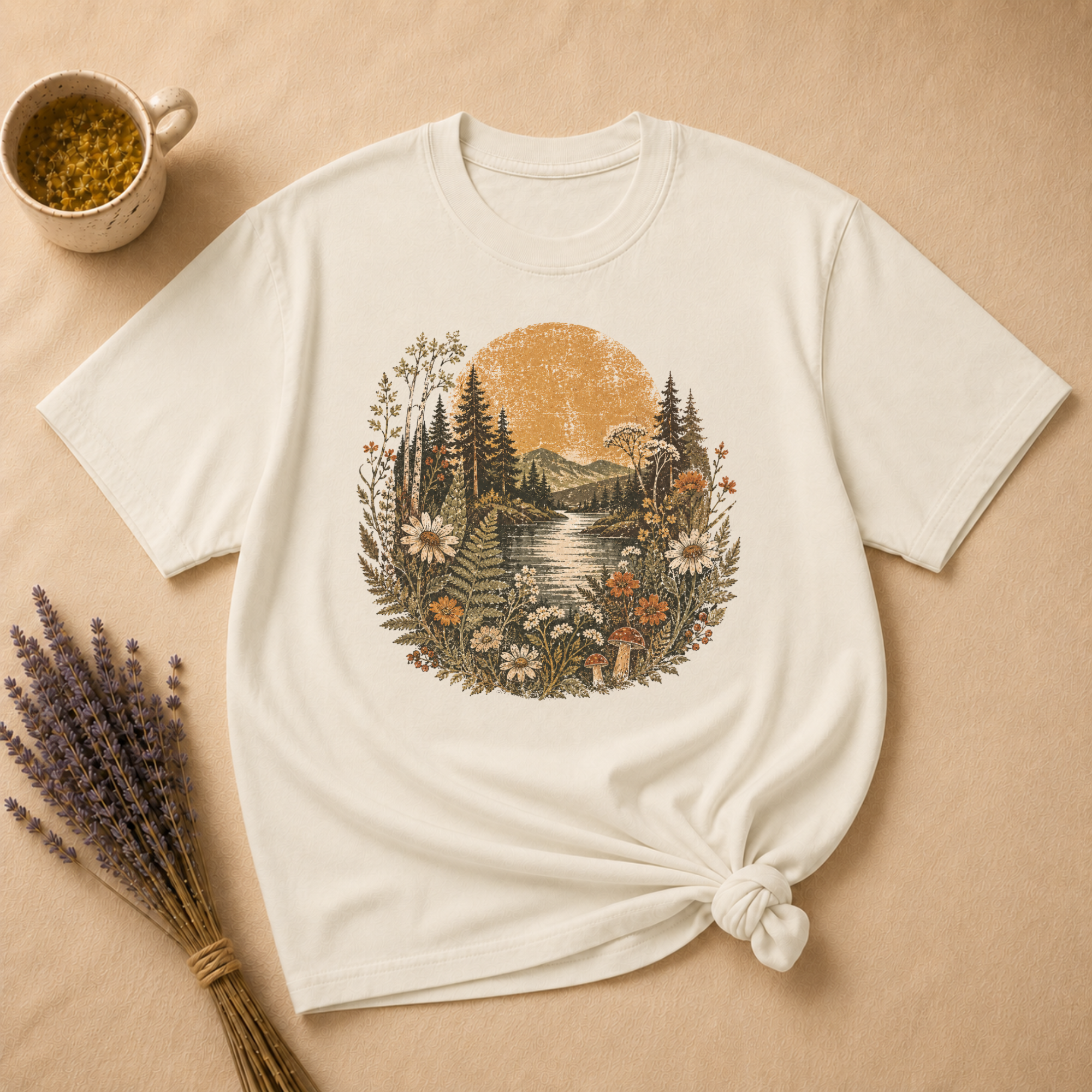 Vintage River Linocut Landscape T-shirt