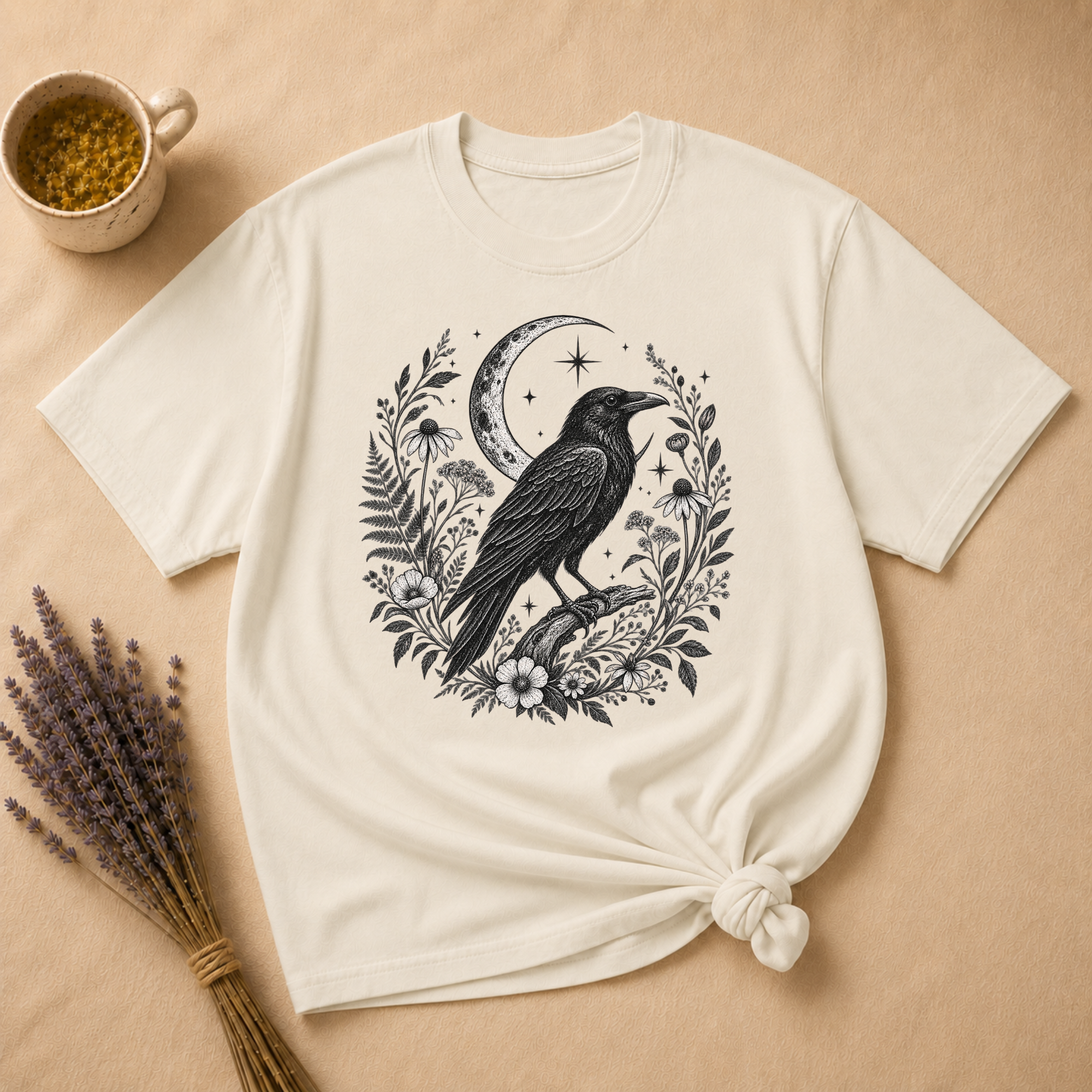 Raven and Moonlit Botanical Wreath T-shirt