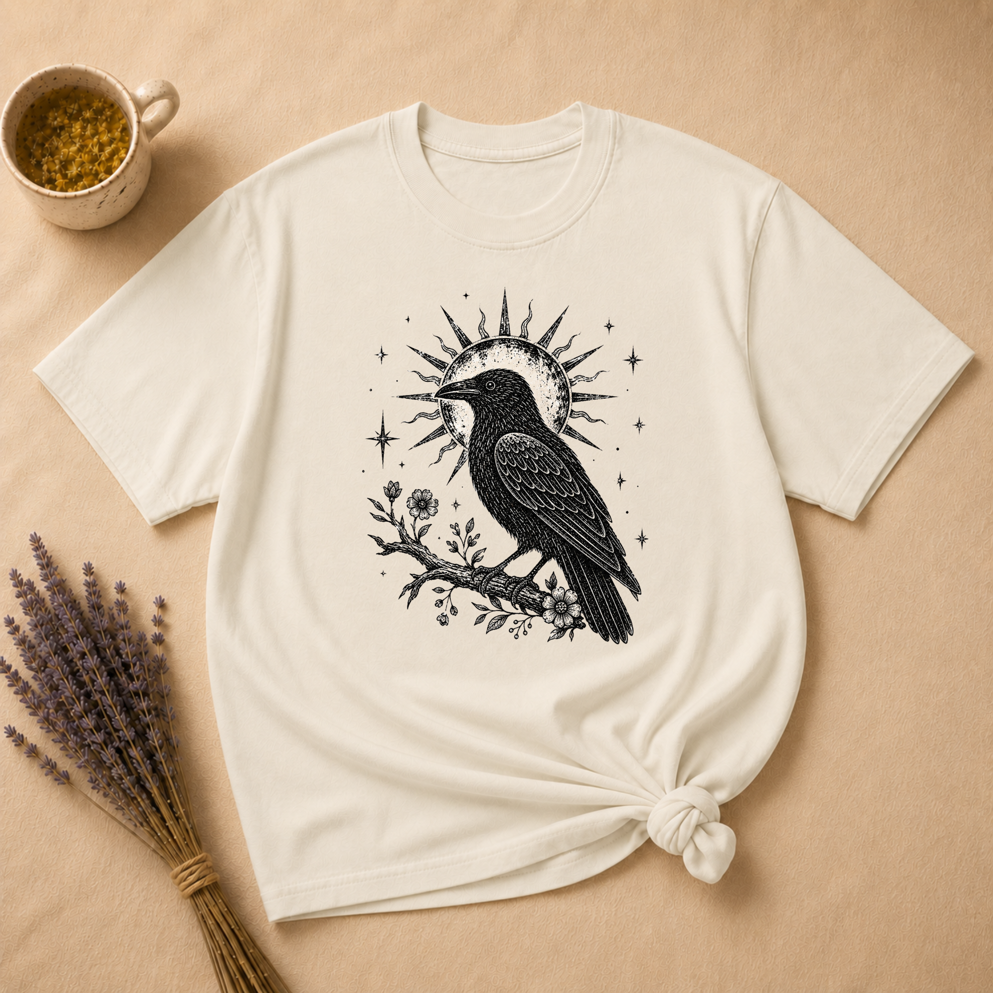Celestial Crow on a Floral Branch T-shirt