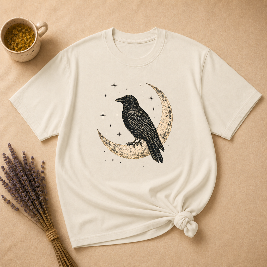 Raven Perched on a Crescent Moon T-shirt