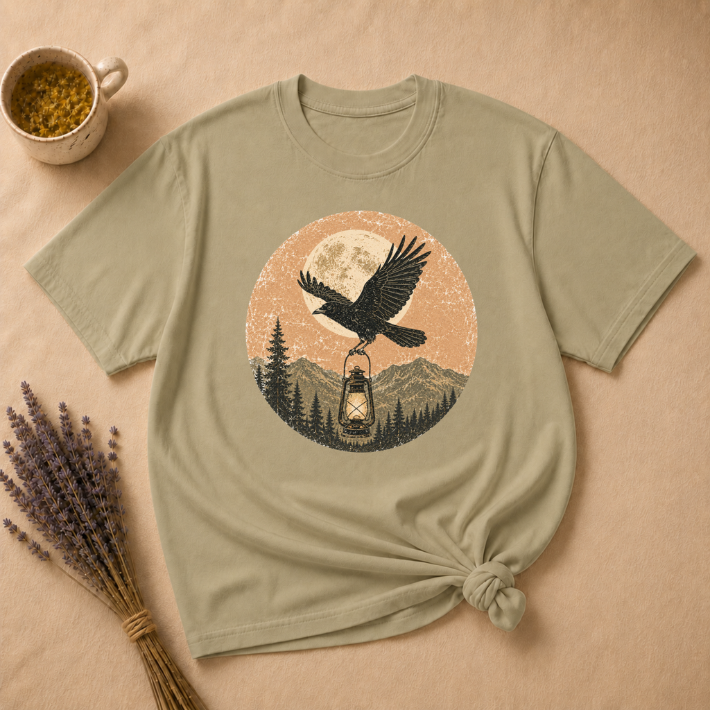 Raven and Lantern Over Moonlit Pines T-shirt