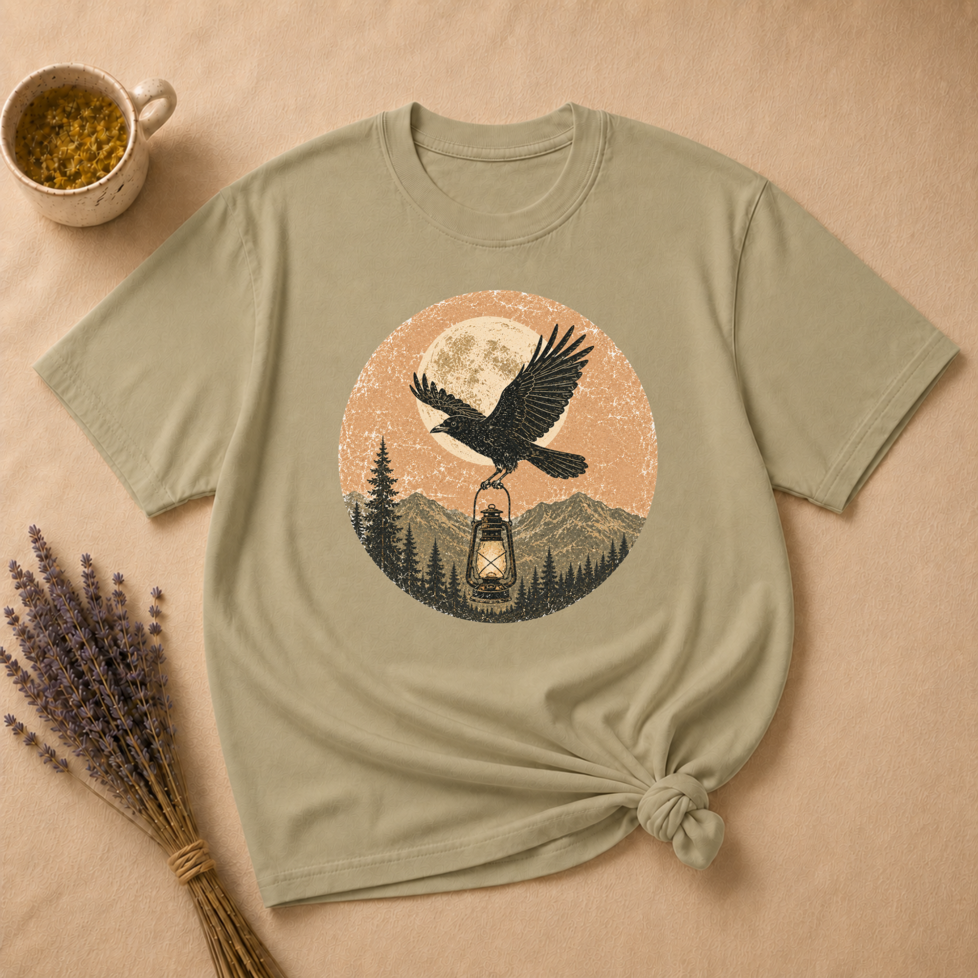 Raven and Lantern Over Moonlit Pines T-shirt