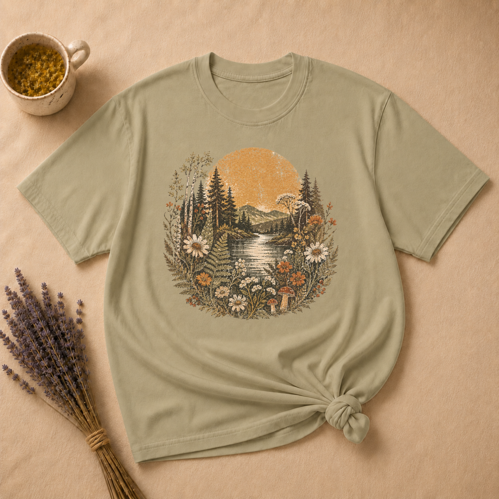 Vintage River Linocut Landscape T-shirt