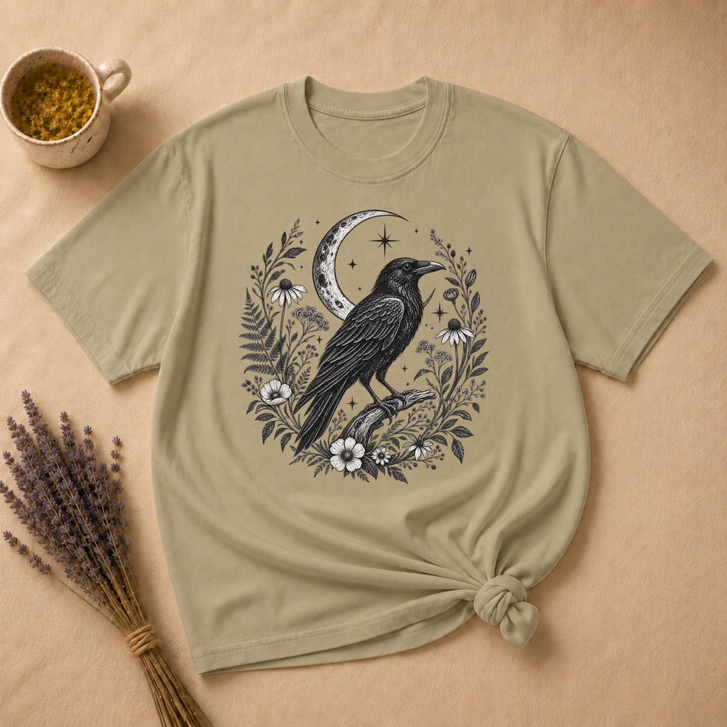 Raven and Moonlit Botanical Wreath T-shirt