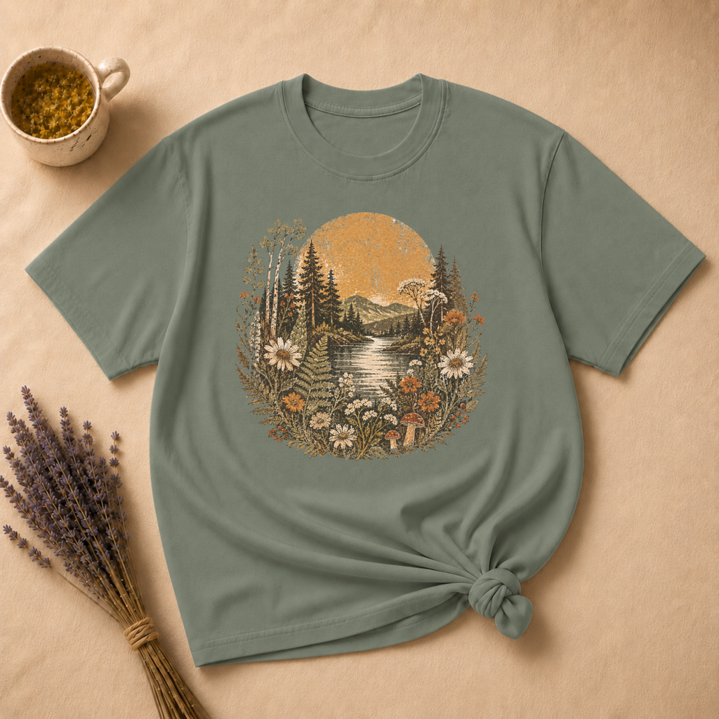 Vintage River Linocut Landscape T-shirt