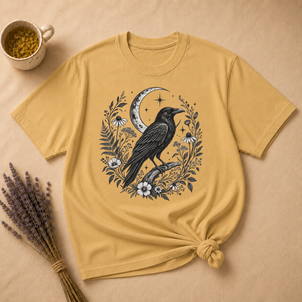 Raven and Moonlit Botanical Wreath T-shirt