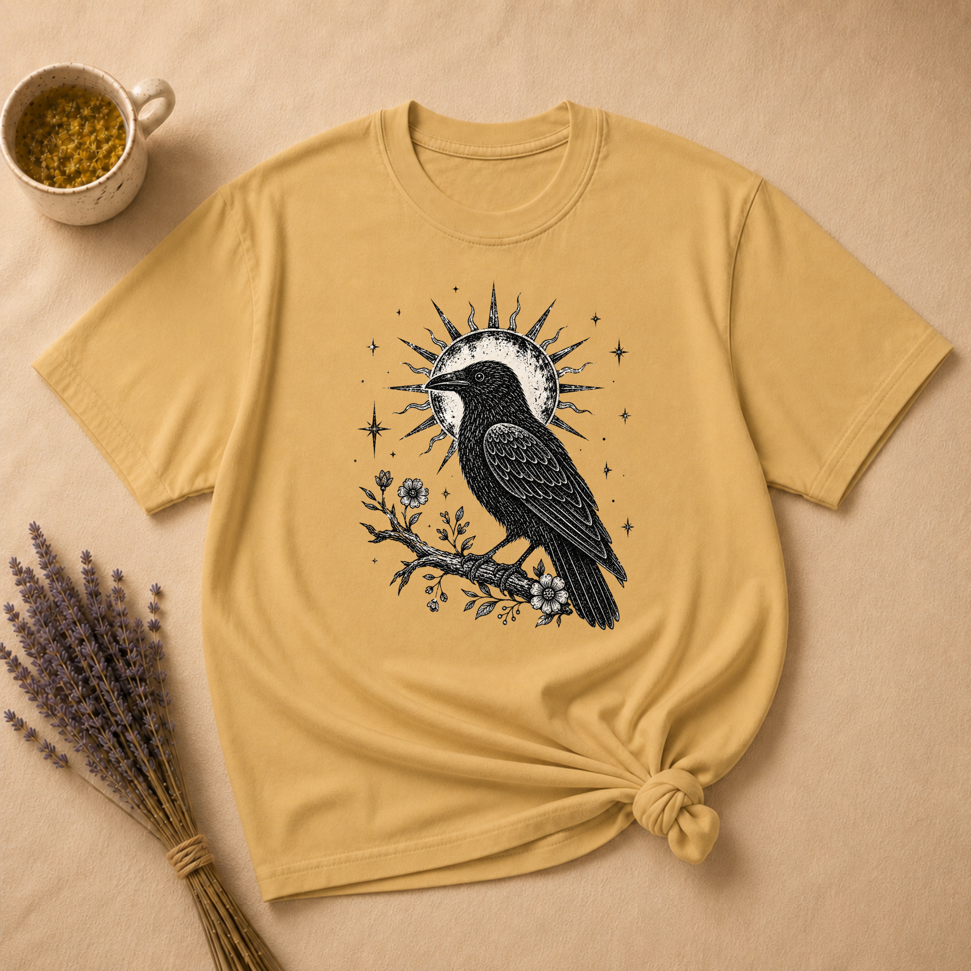 Celestial Crow on a Floral Branch T-shirt
